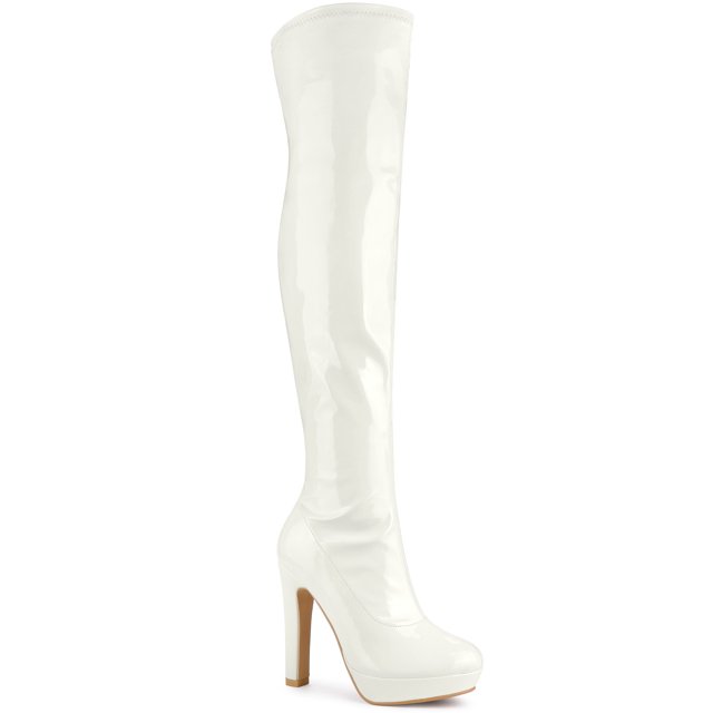 Unique Bargains Women's Platform Chunky Over Knee High Boot White (Size 9)