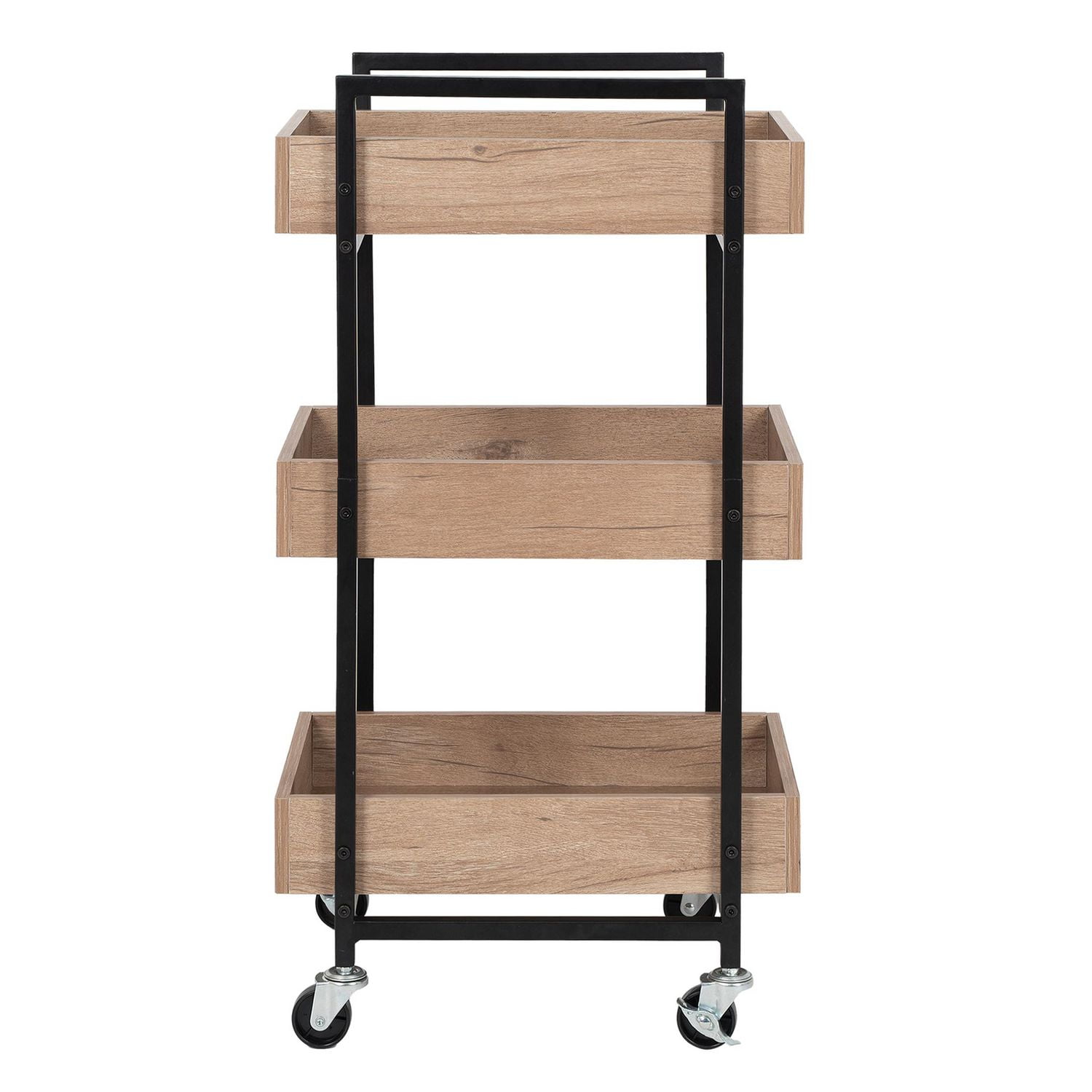 Better Homes & Gardens 3-Tier bois et acier rouler chariot utilitaire; Cadre en métal Durable; Chêne naturel et finition métal noir