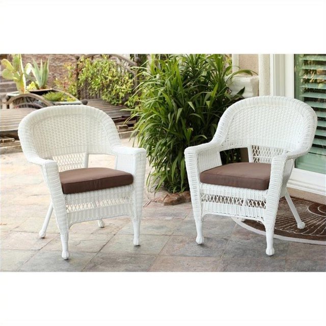 Jeco Chaise en Osier Blanche avec Coussin Brun (Ensemble de 4)