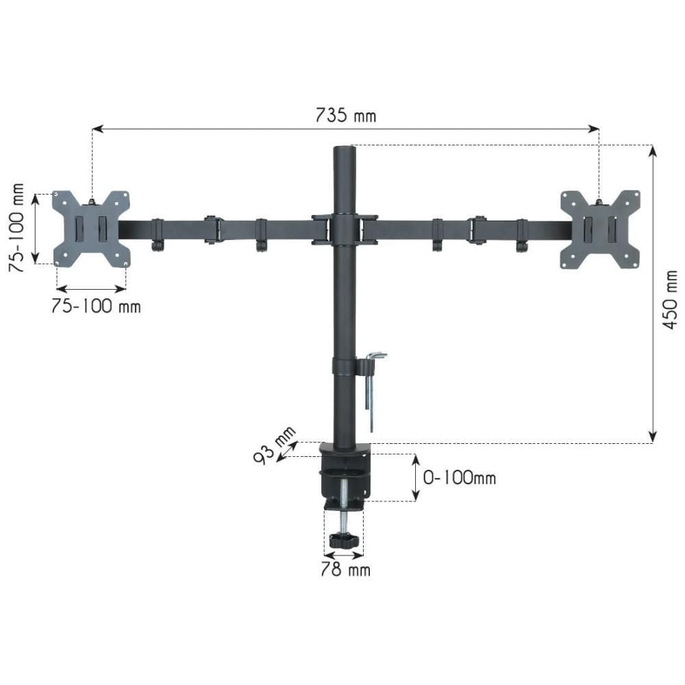 Techly Support de bureau à double moniteur à mouvement complet de 13" à 27" Inclinaison +/-90° Capacité de charge jusqu'à 10 kg x 2 VESA jusqu'à 100x100 mm, Noir