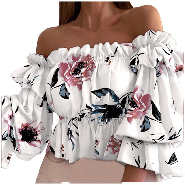 Pompotops Ladies Summer Fashion Sexy One-Shoulder Three-Quarter Sleeve Print Chiffon Top