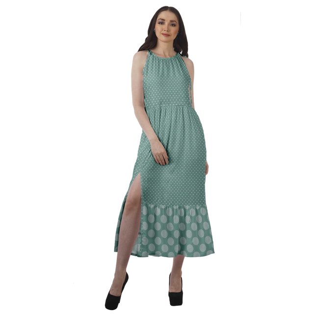 Moomaya Robe Imprimée Femme Fête Mariage Tenue de Fête Col Licou Robe Maxi en Rayonne