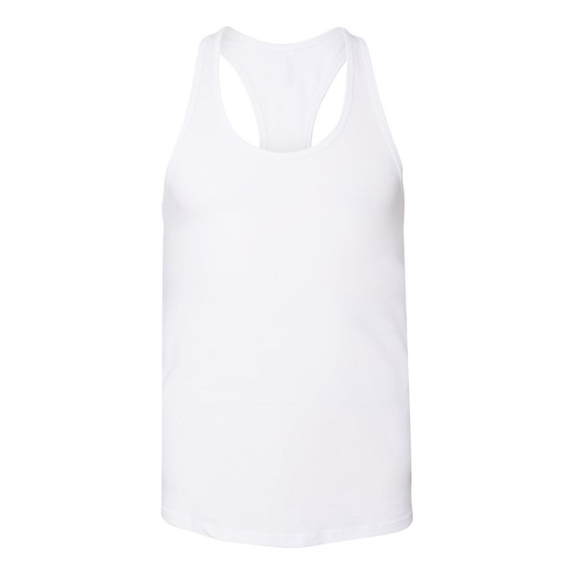 Bella Canvas 6008 Women’s Jersey Racerback Tank in XL size, white color. Made from 100% Airlume combed and ringspun cotton with a relaxed fit, side seams, and a merrowed bottom hem. Features a tearaway label for added comfort.