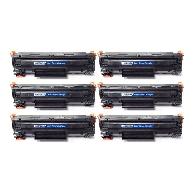 L-ink 6 Pack Compatible HP 83X (CF283X) High Yield Black Toner Cartridges arranged in two rows of three, each black cartridge with blue label and orange protective clips, compatible with LaserJet Pro M201 and M225 printers, offering 2500 page yield and ISO certified print quality.