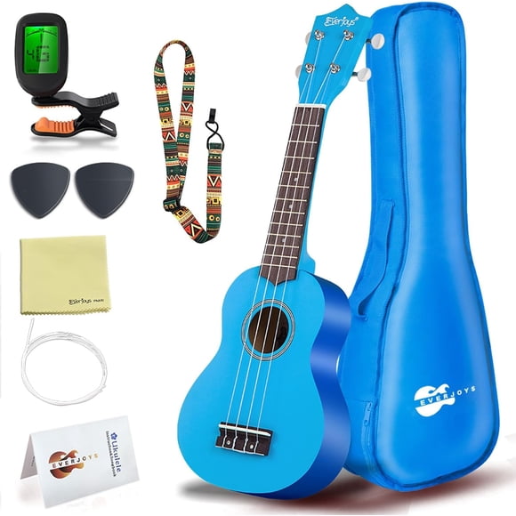 Everjoys Soprano Ukulele Beginner Pack-21 Inch w/Free Online Lesson Gig Bag How to Play Songbook Digital Tuner Pick Polishing Cloth All in One Kit