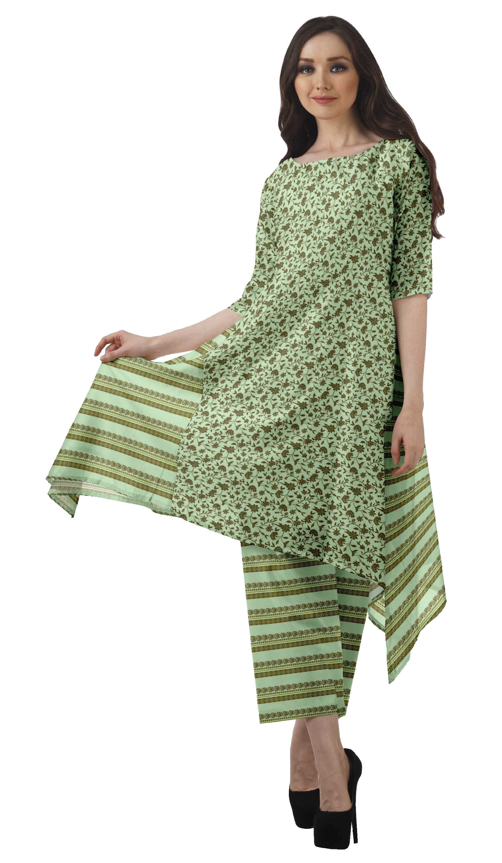 Moomaya Ensemble Kurti Asymétrique Imprimé pour Femme Grande Taille, Chanderi en Coton, 1 Unité