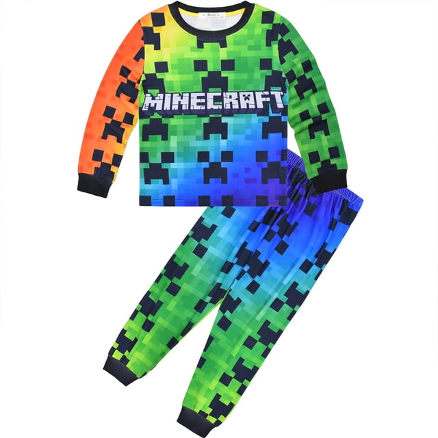Minecraft Pyjama pour Garçons 2 Pcs à Manches Longues Create Explore Survive Ensemble de PJs Présentant un design Pixélisé vibrant en Vert, Bleu et orange avec le logo Minecraft sur la Poitrine. Comprend un Haut à Manches Longues et un Pantalon Assorti avec des Poignets Ajustés. Fabriqué en Matériau Résistant aux Flammes pour la Sécurité et le Confort, Idéal pour des Soirées Douillettes et des occasions de Cadeaux.