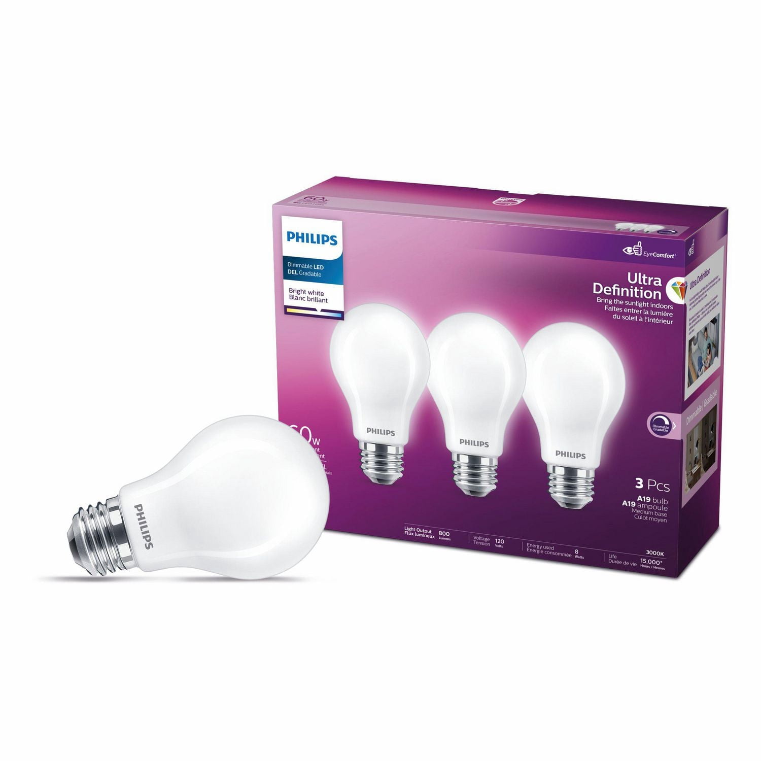 PHILIPS 8W 60W Ultra Definition A19 Bright White Dimmable LED Light Bulbs - 3 Pack