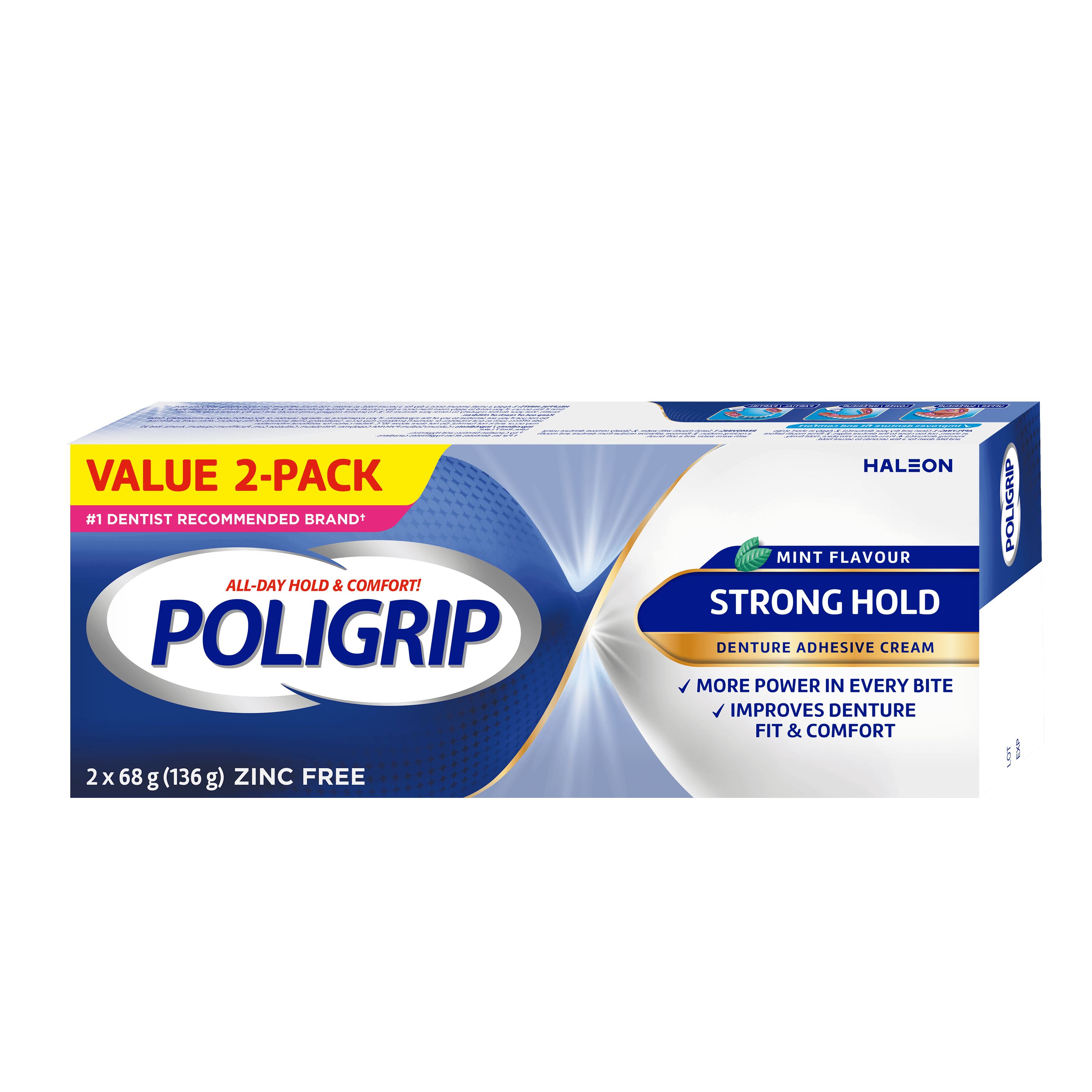 Poligrip Strong Hold Denture Adhesive Cream, Zinc Free, 2x68g tubes