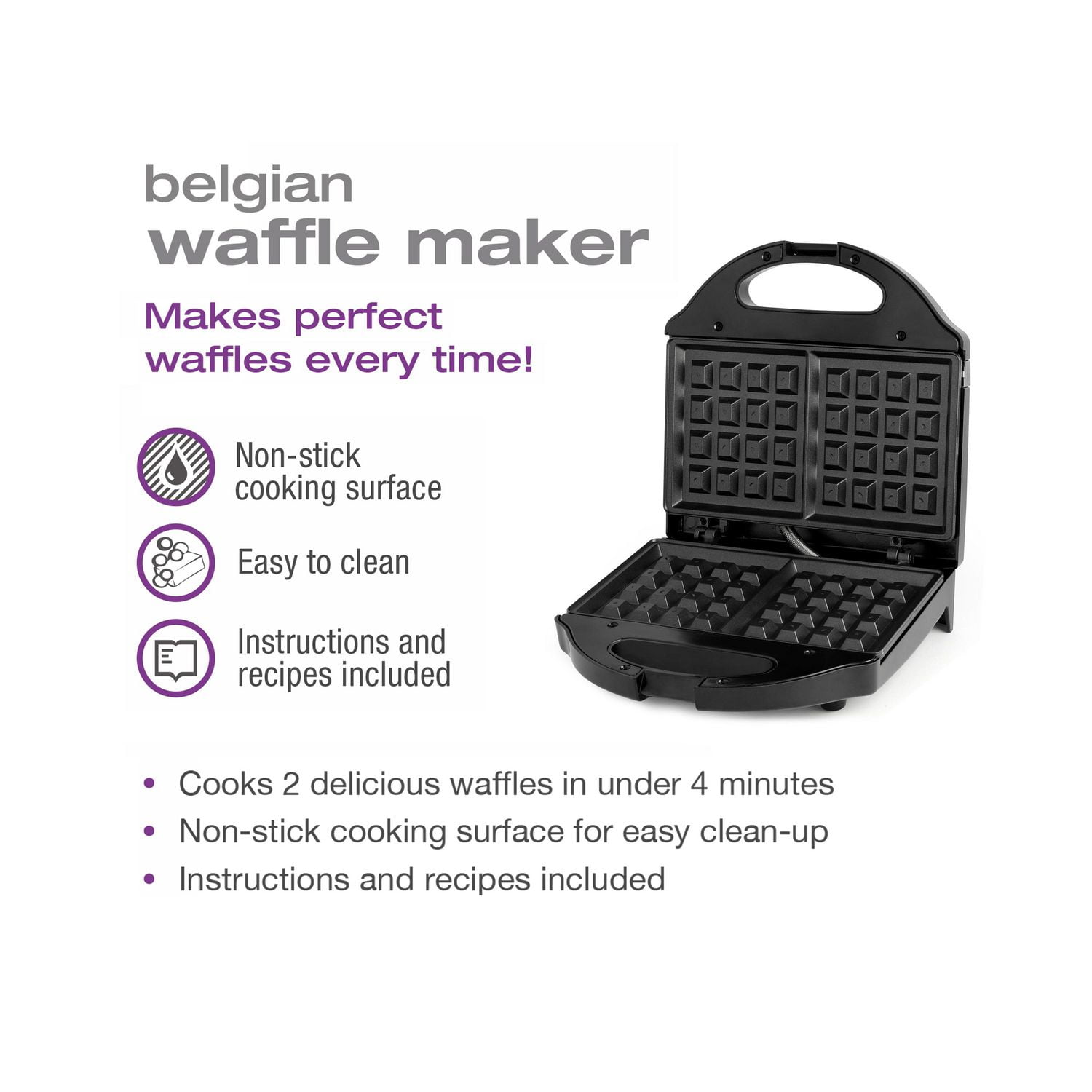 Salton Belgian Waffle Maker - 2 Waffles, Black, WM1075BK