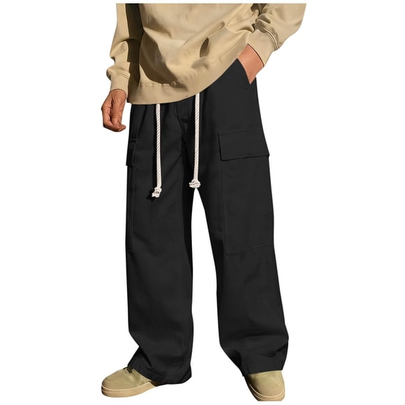 StSilkitty Mens Cargo Pants Drawstring Stretch Straight Leg Loose Pant with Pockets Solid Color Casual Trousers