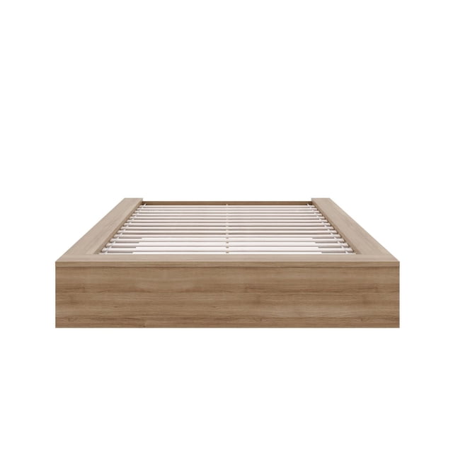James Platform Bed with engineered wood frame in natural grain finish, featuring a minimalist rectangular silhouette and slatted base with center supports for mattress use without box spring, shown front-facing on white background.
