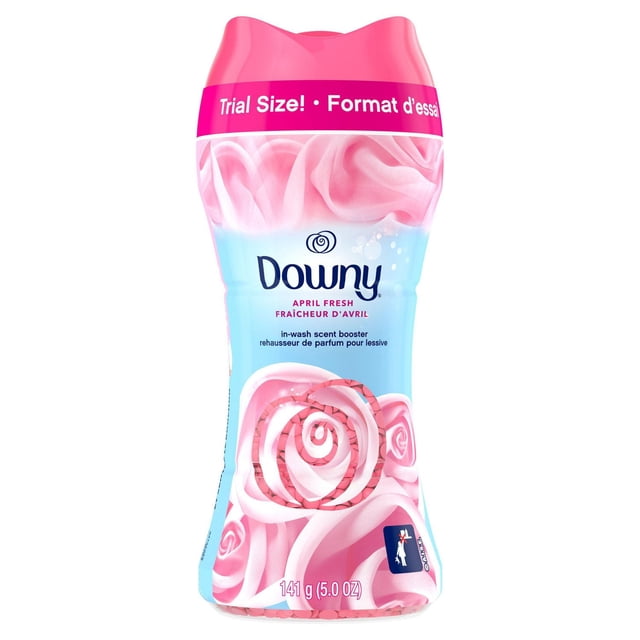 Downy April Fresh In-Wash Laundry Scent Booster Beads trial size bottle with pink cap and swirling pink rose design, 141 g (5.0 oz), offering 6x longer-lasting freshness and classic floral scent safe for all fabrics and machines.