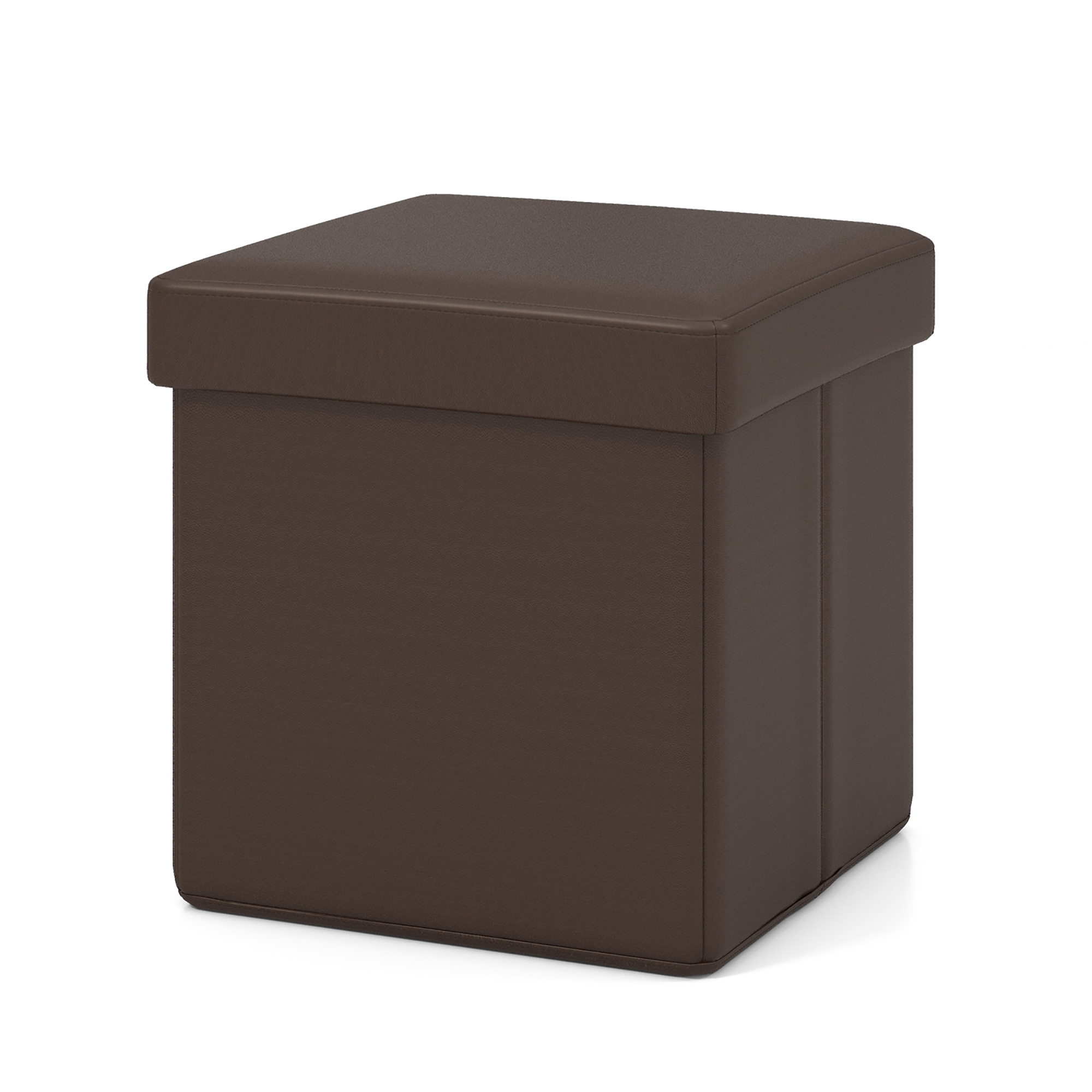 Gymax Folding Storage Ottoman Upholstered Square Footstool PVC Leather 10.5 Gallon Brown