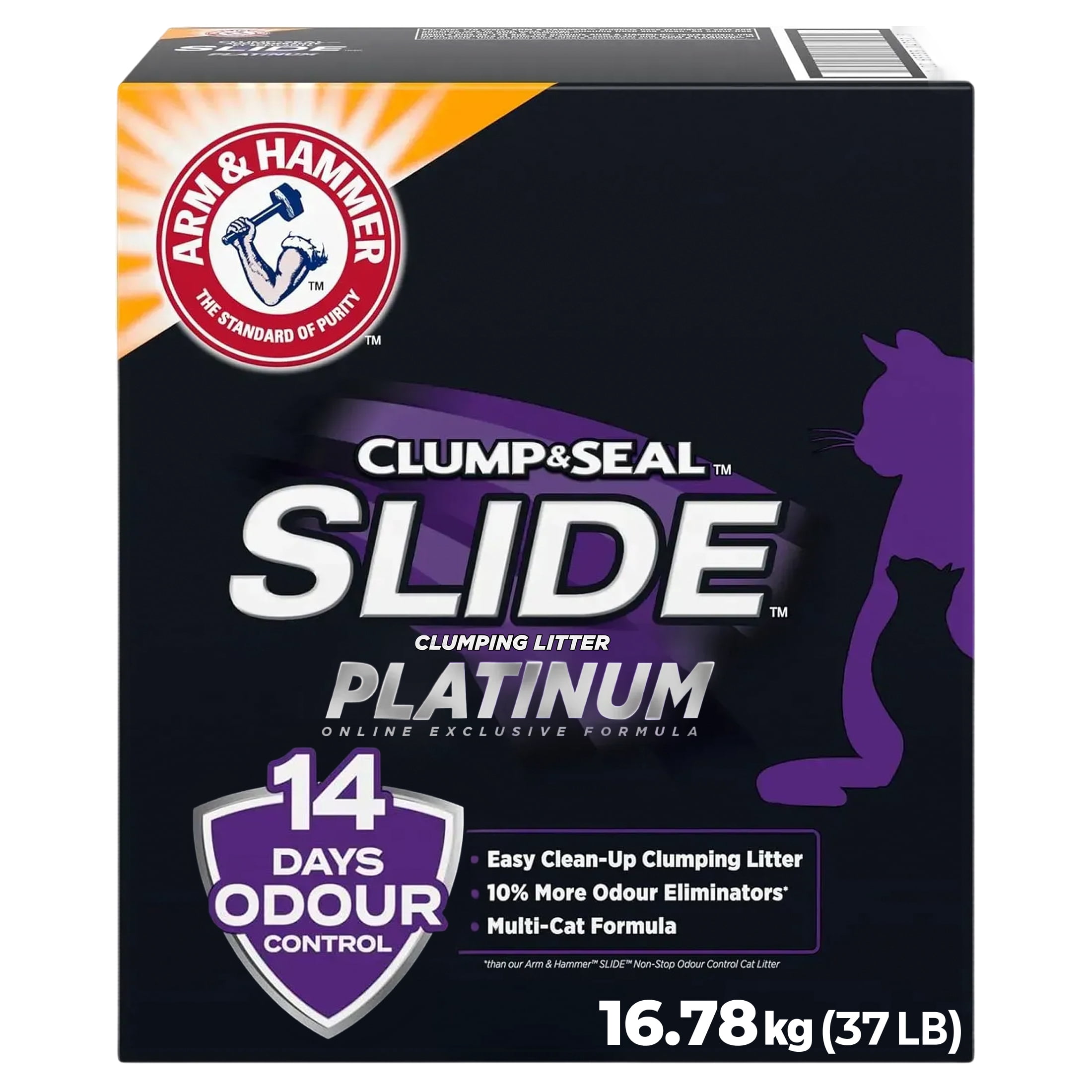 Arm & Hammer Platinum Slide Cat Litter Complete Odour Sealing with 14 Days Odour Control Multi-Cat, Hard Clumping Clay, 99.99% Dust Free Size, 16.78kg