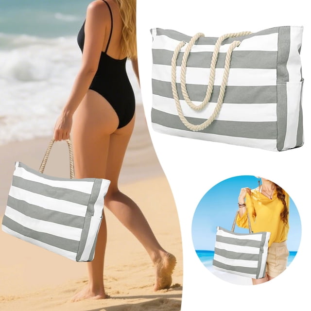 Beach Storage Bag Striped Print Organizer for Outdoor Activities Lightweight Breathable with Front Pocket and Star Pattern