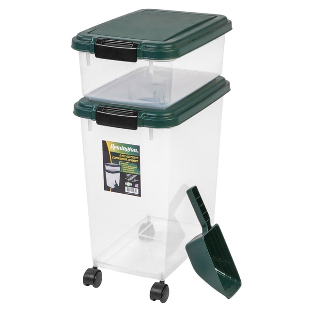 Remington 3-Piece Airtight Pet Food Container Combo in green, featuring a 33-quart and 12-quart translucent plastic storage container with green lids and snap-lock latches for airtight sealing. Includes a matching 2-cup green food scoop. The containers are stackable, BPA-free, and equipped with rolling casters for easy mobility. Suitable for storing pet food, birdseed, or other household items.