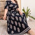 thumbnail image 4 of SMihono Robe Maxi Bohème d'Été pour Femmes Grande Taille Robe d'Été pour Femmes à Imprimé Robe Grande Taille à Col en V à Manches Courtes à Taille Élastique Robe de Plage Robe Soleil Robe Midi Fluide à Volants Robe Évasée de Plage, 4 of 9