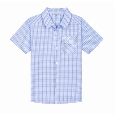 Bienzoe Boy's Cotton Plaid Button Down Short Sleeve Shirt Lt Blue/Marine 3/4