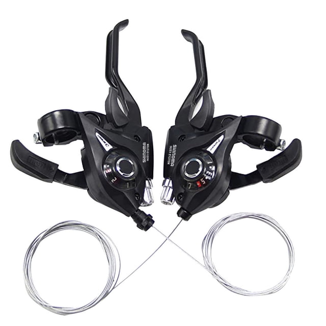 EGNMCR Bike Accessories Bike Gear Grip Levers Bicycle Cycle Speed Control Handlebar Bicycle Shifter. A pair of black rubber grip levers with integrated speed control shifters, designed for bicycles. The levers feature ergonomic handles, a compact design, and visible gear indicators. Includes attached cables for easy installation. Suitable for enhancing bicycle speed control and comfort.