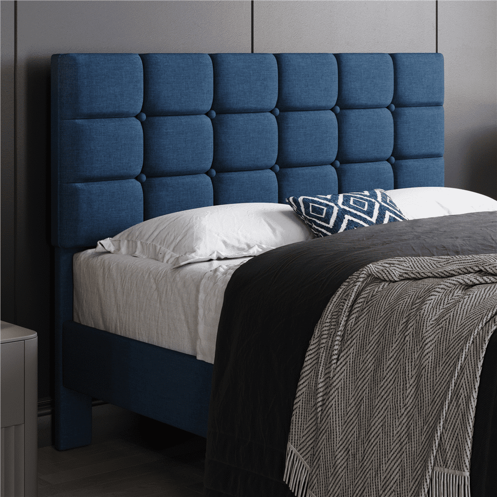 FullFurnique Cadre de Lit Capitonné avec Tête de Lit à Capitonnage Carré, Queen, Bleu marine