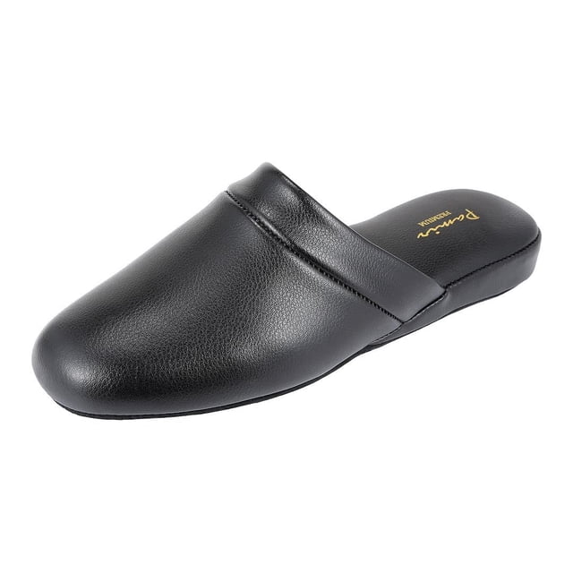 PAMIR Men's Genuine Leather Scuff Slippers in black, size US 10 M. Features a soft genuine leather upper, breathable leather lining, and a suede leather outsole designed for indoor wear. Includes a memory foam cushioned footbed for added comfort. Hand-turned construction for durability.