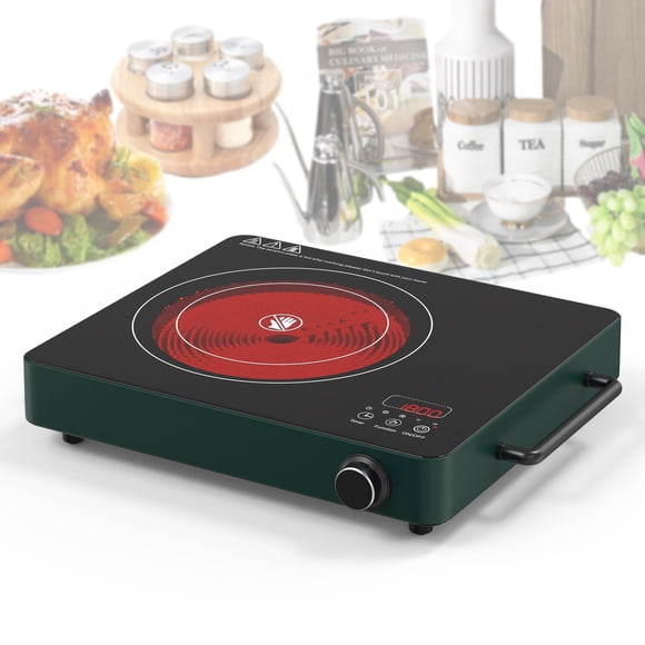 Electric Cooktop Single Burner, GIHETKUT 1800W 110V Electric Stove Top with Knob Control, Portable Induction Cooktop with 2 Handle, Hot plate with Do