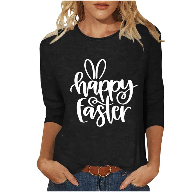 Dvkptbk Chemises pour Femmes Habillées Décontractées 2024 Joyeuses Pâques Hauts Graphiques Mode Décontractée Col Rond Manches Trois-Quarts T-Shirt Haut