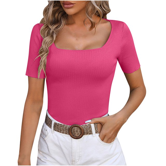AherBiu Crop Tops for Women Square Neck Short Sleeve Slim Ribble Knit Blouse Going out Tops for Women