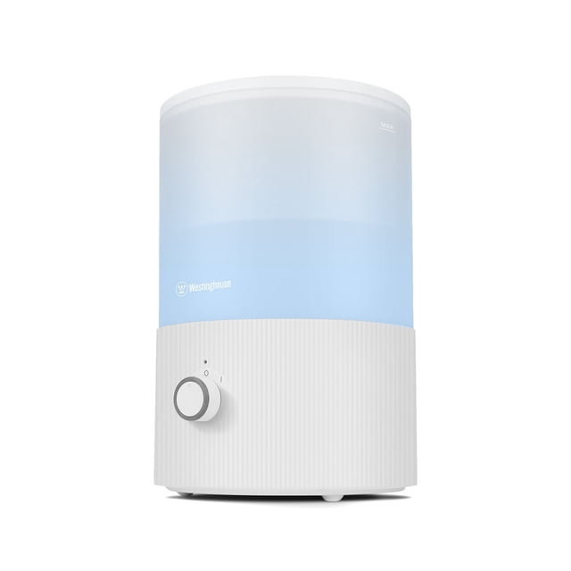 Westinghouse Top Fill Ultrasonic Cool Mist Humidifier with a 3.3L translucent blue water tank and white ribbed base featuring a mechanical mist control knob, shown front-facing on a white background, ideal for relieving dry indoor air discomfort.