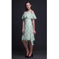 thumbnail image 2 of Bimba Green Bird Printed Womens Ruffle Front Cold Shoulder Swing Shift Dress - X-Small, 2 of 6