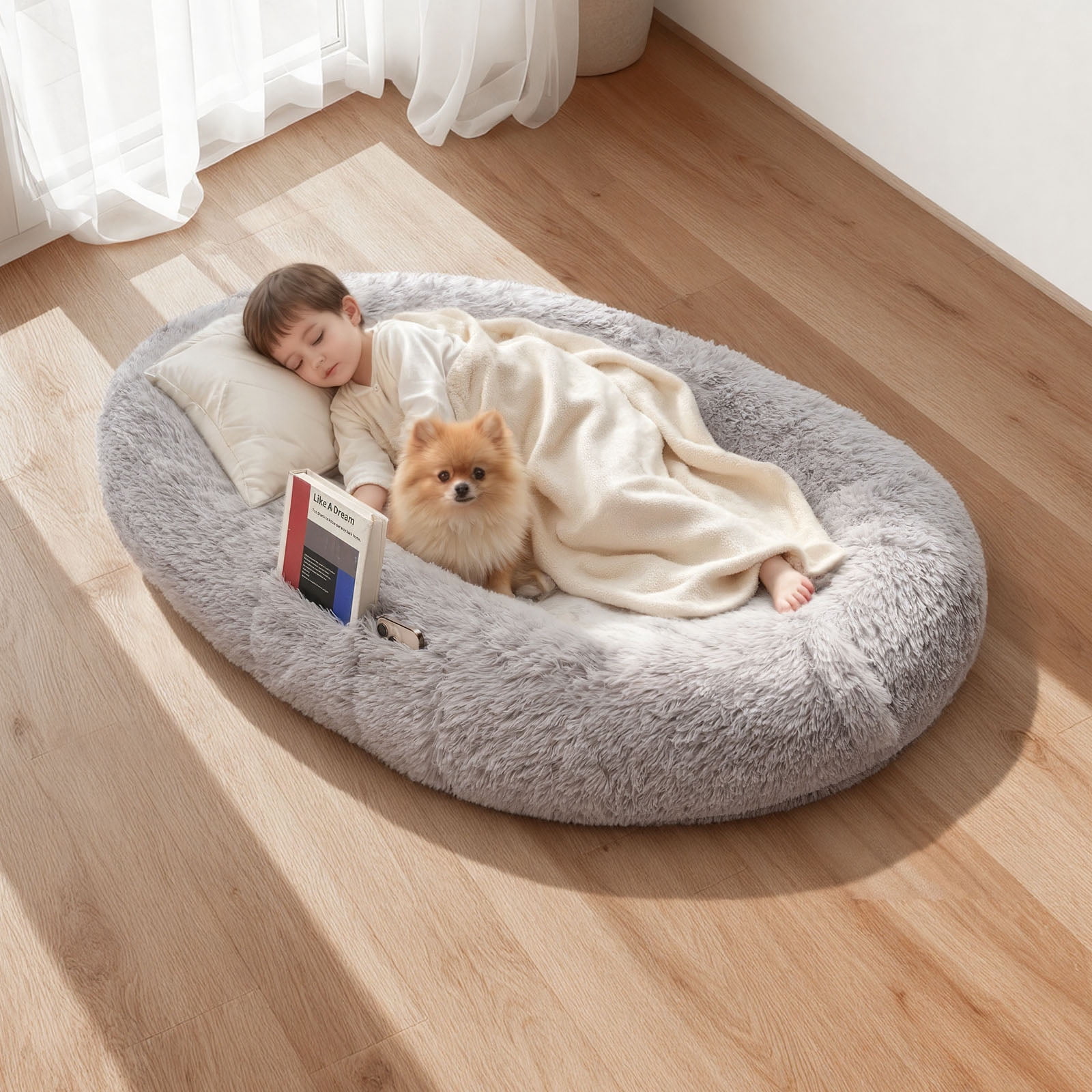 VEVOR Human Dog Bed, 51.97 x 33.86 x 9.45 inch Orthopedic Memory Foam Human Sized Dog Bed, Humans Pet Beds with Side Pocket, Handle & Zipper, Removable Machine-Washable Dogs Beds for Humans, Gray