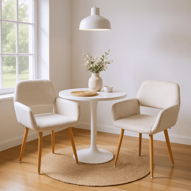 Homy Casa Set of 2 Upholstered Dining Armchairs with Cut Out Back and Wood Grain Legs in a bright corner with beige fabric upholstery, ergonomic armrests, and light wood grain legs around a compact white round pedestal table on a woven rug, decorated with a ceramic vase of flowers and a cup under a white pendant light, ideal for dining or reading areas.