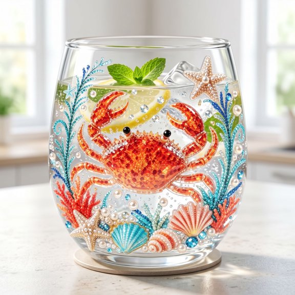 Fufafayo Cute Sea Animal Stemless Wine Glasses, 2D Printed Drinking Cup, Tropical Beach Themed Clear Glass Cocktail Water Glass for Summer Party, Home Decor, Beach House Gift