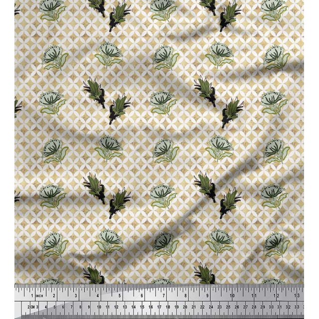 Soimoi polyester Crepe Fabric Curve Diamond,Leaves & Floral Artistic Printed Fabric 1 Yard 52 Inch Wide