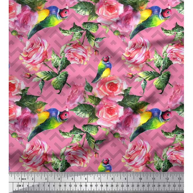 Soimoi Poly Georgette Fabric Bird,Leaves & Rose Floral Decor Fabric Printed Yard 52 Inch Wide