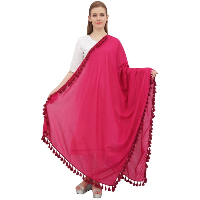 Phagun Foulard de Cou en Coton Dupatta Indienne Chunni Longue Étole Foulard à Franges - Magenta