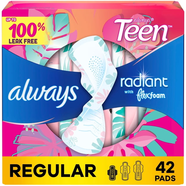 Always Radiant Serviettes pour Adolescentes, Taille 1, Régulières, avec Ailes, Non Parfumées