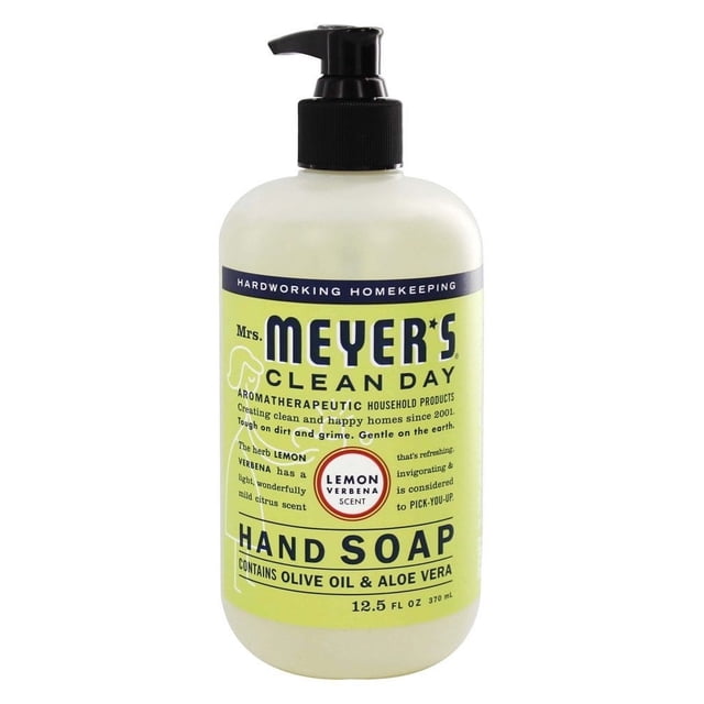 Mrs. Meyer's Clean Day Liquid Hand Soap Lemon Verbena, 12.5 fl. oz. pump bottle. Infused with aloe vera, olive oil, and essential oils, this paraben-free, cruelty-free soap offers non-drying hand care with a refreshing lemon verbena scent. Ideal for sensitive skin and frequent use.
