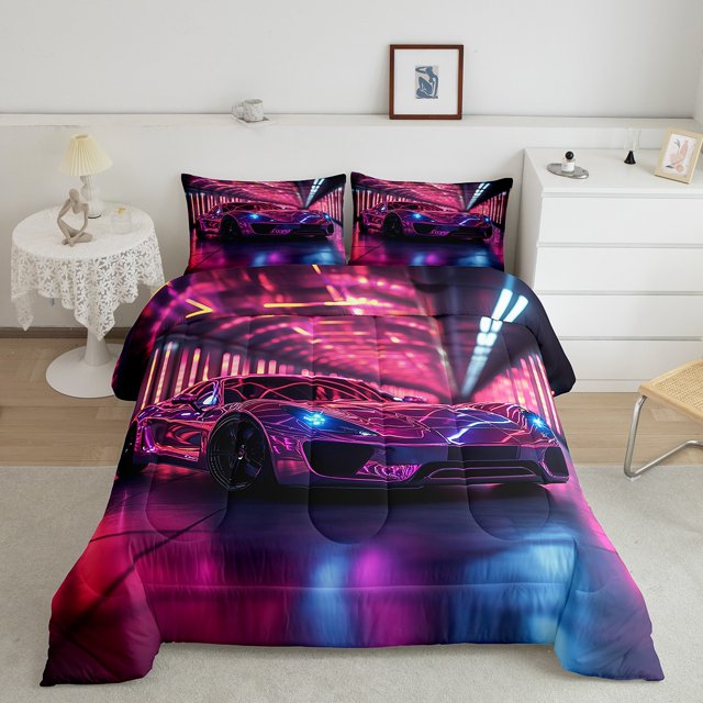 Sports Car Toddler Comforter Set Racing Sports Bedding Set,Purple Neon Light Geometric Down Comforter for Kids Teens Men Extreme Sport Automobile Bed Set