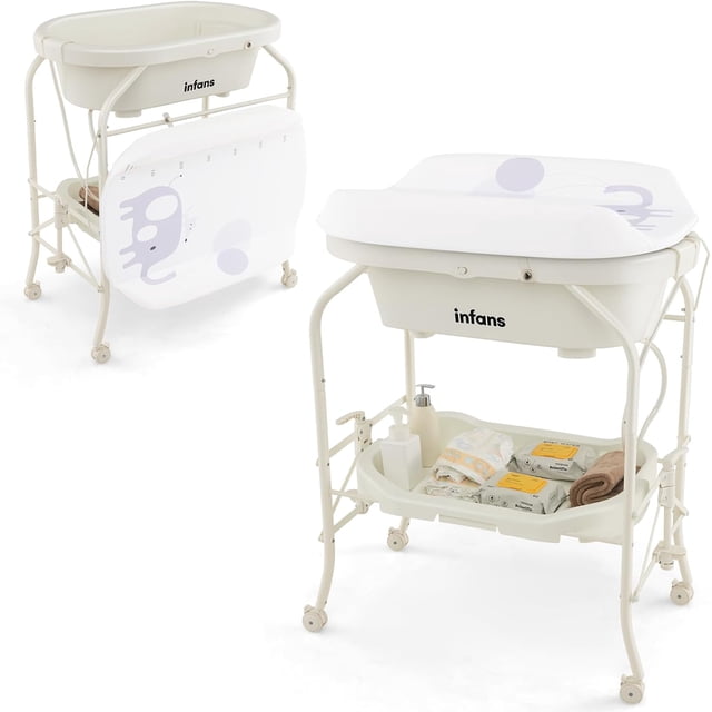 INFANS Table à Langer pour Bébé avec Baignoire, station de Commode à Couches Pliable avec support de Bain Amovible, Coussinet Imperméable et Étagère de Rangement. l'Unité Comprend Quatre Roues Verrouillables pour une Mobilité Facile et un Plateau de Rangement Spacieux pour les Essentiels pour Bébé. Fabriquée en Fer et PP Haute Résistance, Elle Est Conçue pour la Stabilité et une Utilisation à Long Terme. la Hauteur Ergonomique Réduit la Tension pour les parents, et le Tuyau de Drainage Permet un Retrait Facile de l'Eau. Présentée en Gris Pâle avec un Motif d'Éléphant sur le Coussinet Imperméable.