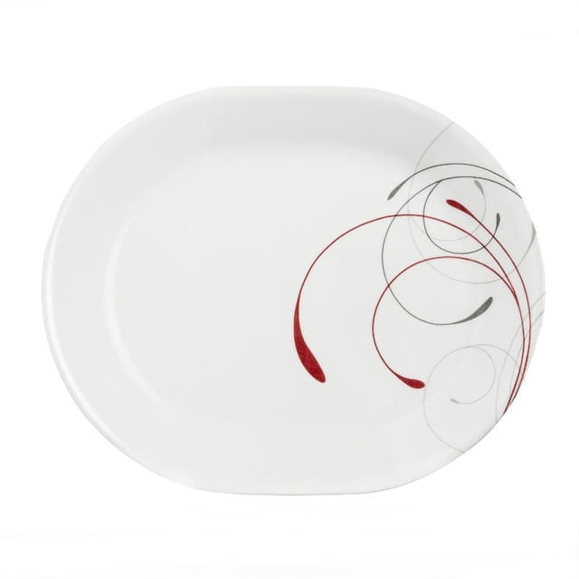 Corelle Splendor 12.25" glass serving platter with an oval shape, white base, and dark red and light gray swirling tendril patterns on one side, made from durable, lightweight Vitrelle glass, safe for dishwasher, microwave, and oven use, suitable for outdoor dining and casual entertaining.