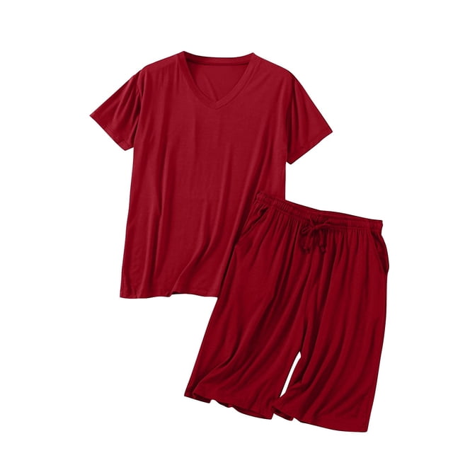 Mlkoz Ensemble de Pyjamas pour Hommes Été Doux Col en V Vêtements de Nuit Manches Courtes avec Poche Ensemble Léger l-TTTG