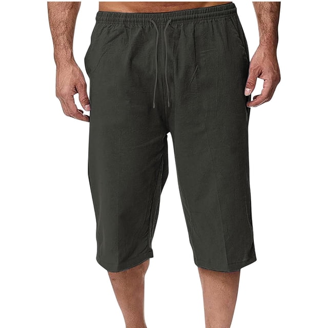 EOYWHK Mens Linen Capri Pants Summer Loose Fit Lightweight Sleep Shorts Elastic Waist Drawstring with Pockets