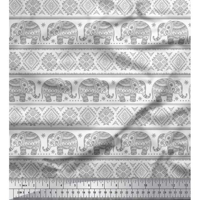 Soimoi Rayon Fabric Aztec & Tribal Elephant Ethnic Printed Fabric 1 Yard 42 Inch Wide