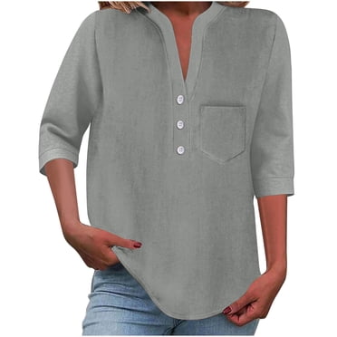 Lenpel Hauts pour Femmes à Manches 3/4, Col en V, Demi-Boutonnage, Couleur Unie, Chemises de Travail Business Casual, Tuniques Amples