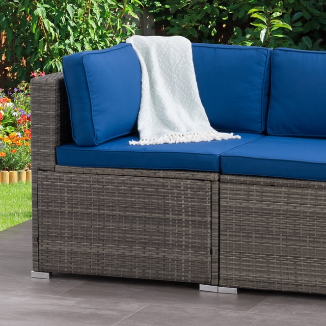 CorLiving Parksville Resin Wicker and Steel Outdoor Sectional Corner Piece with Cushions, Grey/Blue