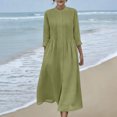 thumbnail image 1 of Robes Maxi en Coton et Lin pour Femmes, Robe Tunique à Boutons Col Ras du Cou Manches Longues Plissée Ligne a Fluide Longues Robes Robes Midi pour Femmes Vert m, 1 of 9