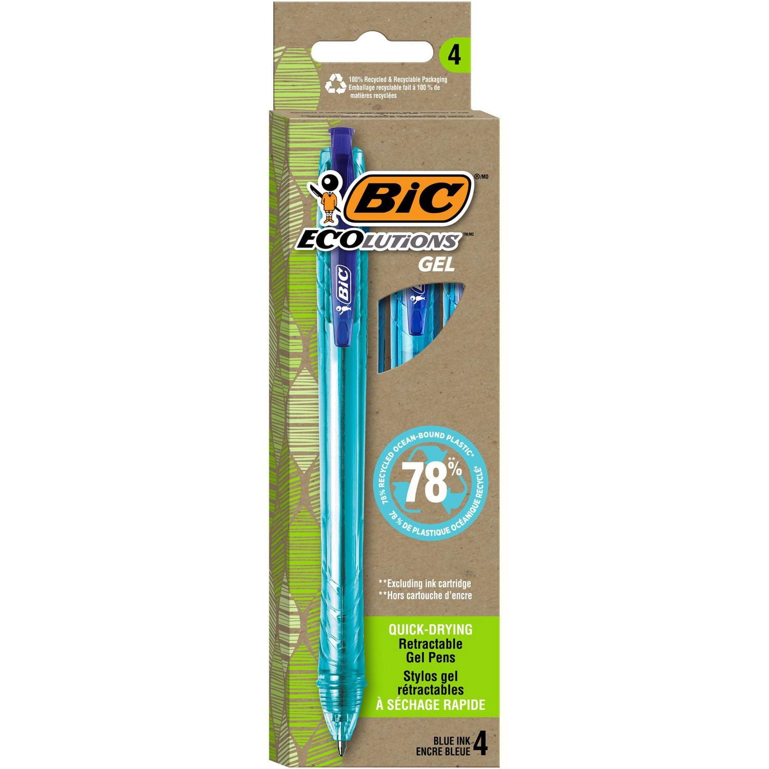 BIC Ecolutions Ocean-Bound Plastic Gel Pens, Medium Point (1.0mm), 4-Count Pack, Retractable Blue Ink Pens Made from 78% Ocean-Bound Recycled Plastic