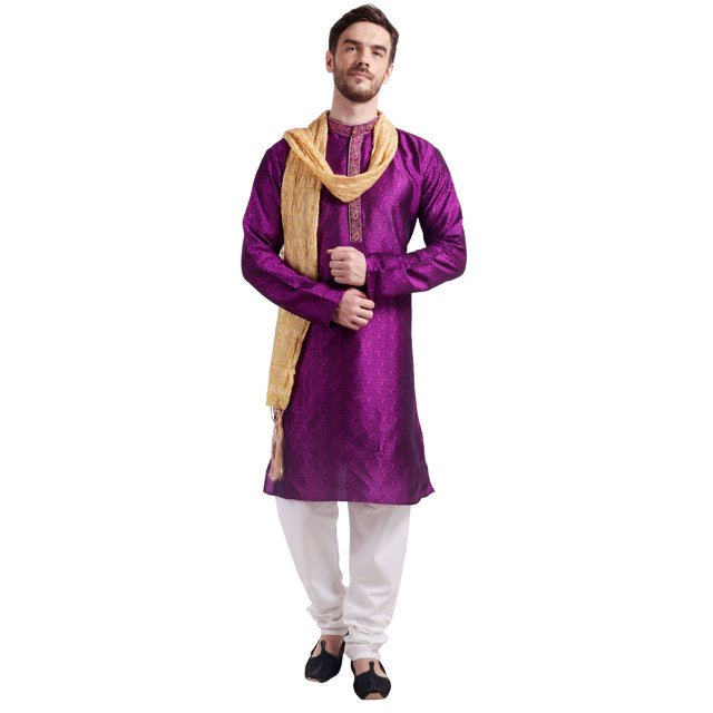 Vêtements Indiens Kurta Pyjama pour Homme avec Foulard Robe de Fête de Mariage (Violet, m)